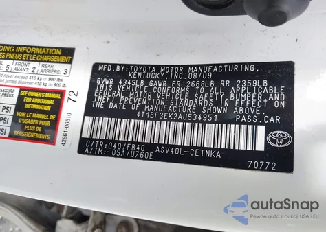 2010 Toyota Camry Le z USA, uszkodzony, nr VIN 4T1BF3EK2AU534951